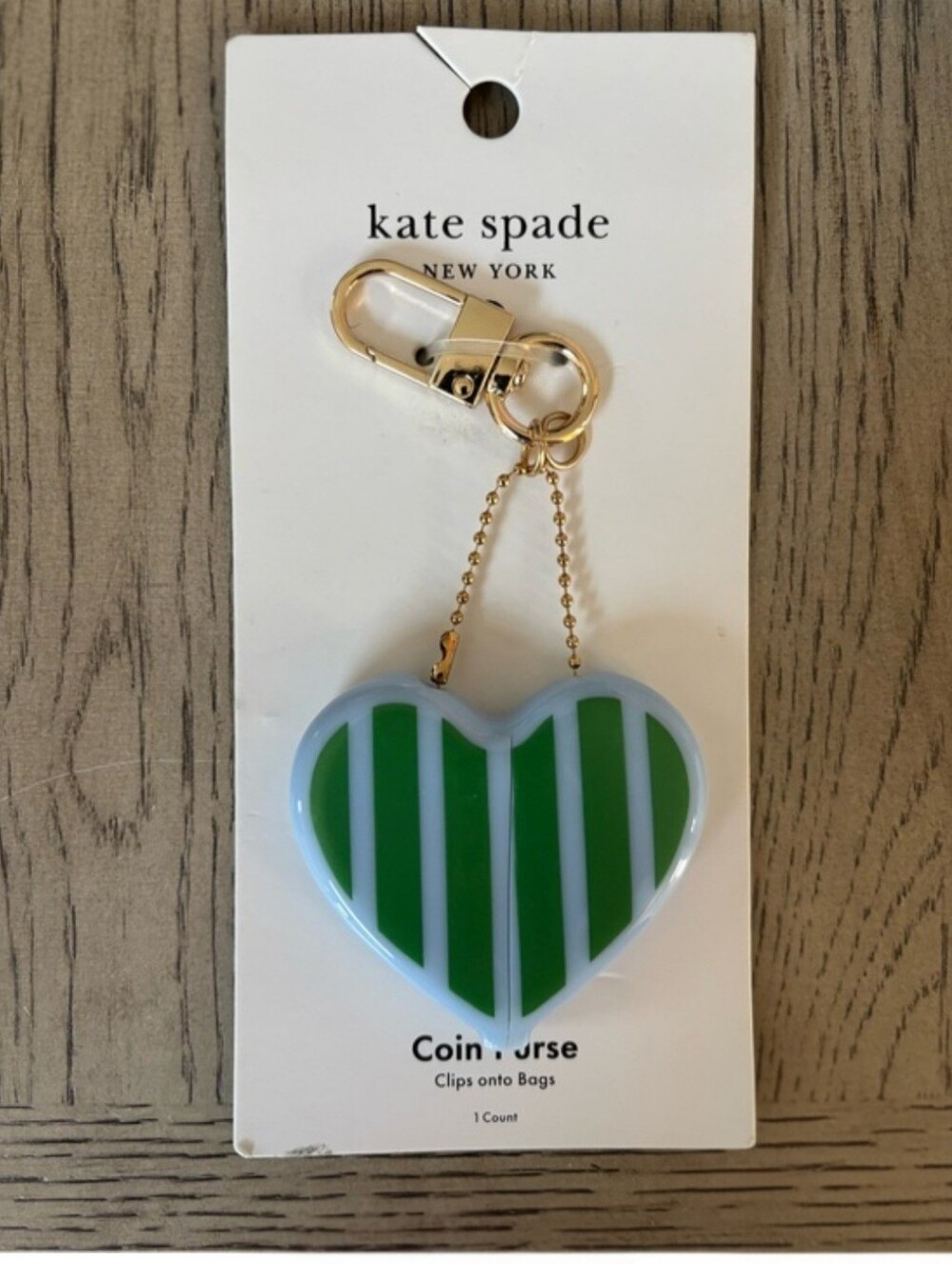 kate spade Target Colab, Green Striped Heart Keychain with Gold Hardware, NWT - Picture 3 of 3